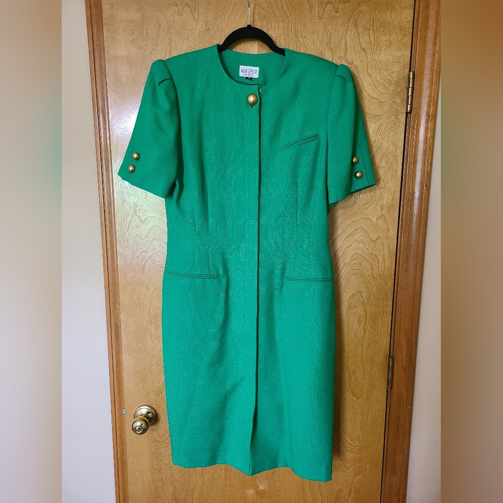Vintage Kasper Green Sheath Dress with Mandarin Collar
